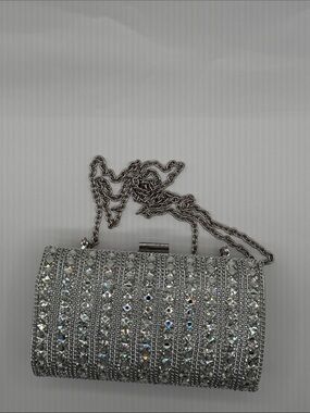 Inc Silver Crystal-Embellished Evening Clutch with Chain